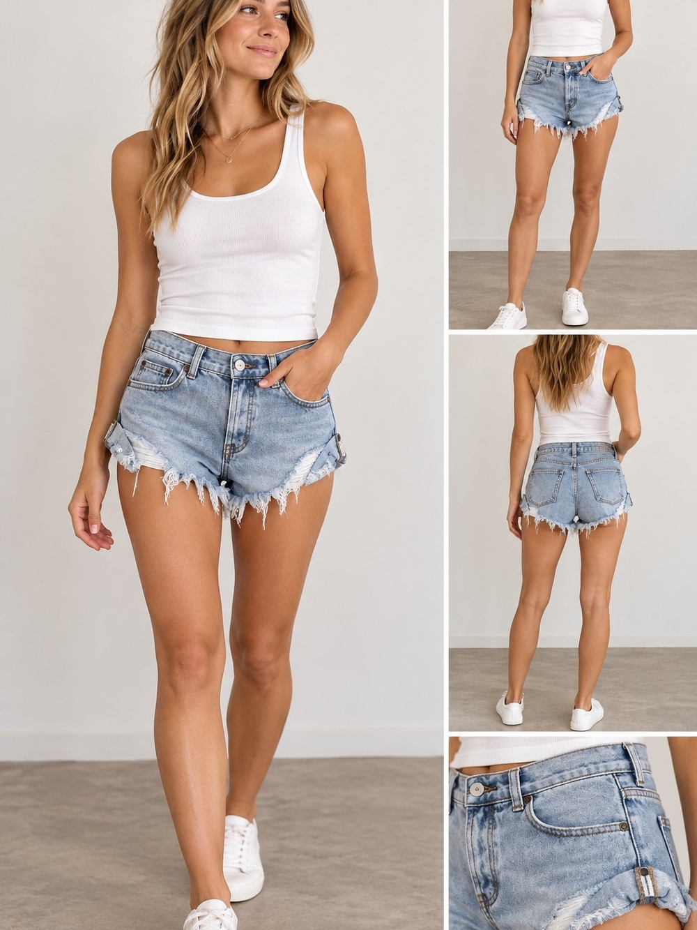 One Teaspoon Light Blue Distressed Frayed Hem Denim Shorts